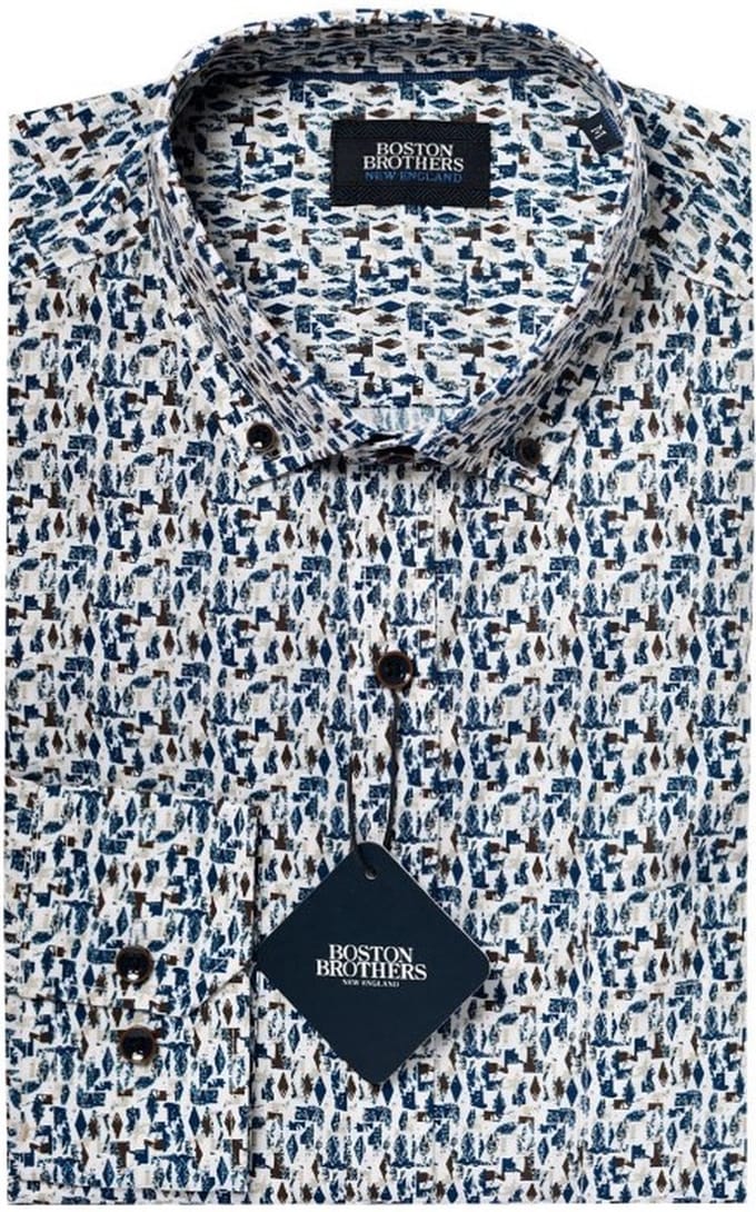 Boston Brothers heren blouse - overhemd 1007- navy/bruin print - LM - maat M