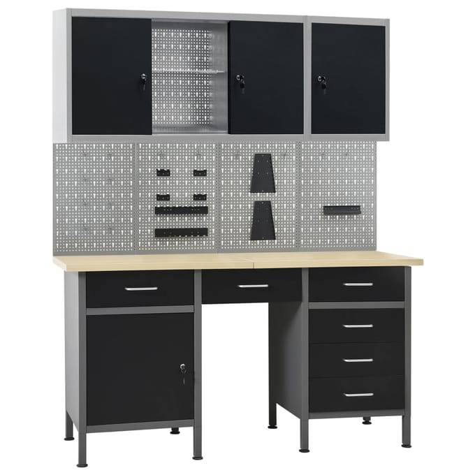 vidaXL - Werkbank - met - vier - wandpanelen - en - twee - kasten