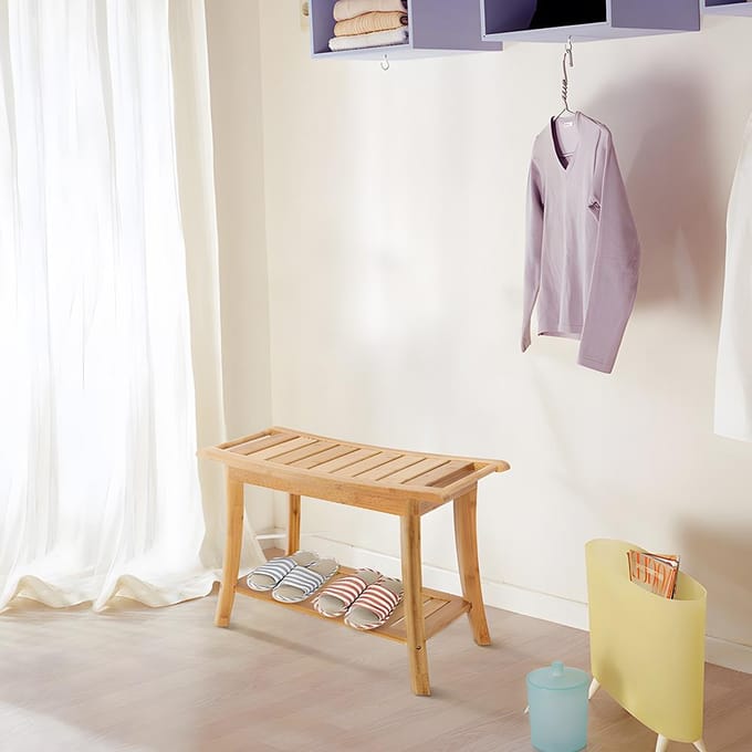 Tabouret de Douche avec Porte-Serviettes Étagère de Rangement Antidérapant Bambou Naturel Banc de Douche Multifonctionnel beige