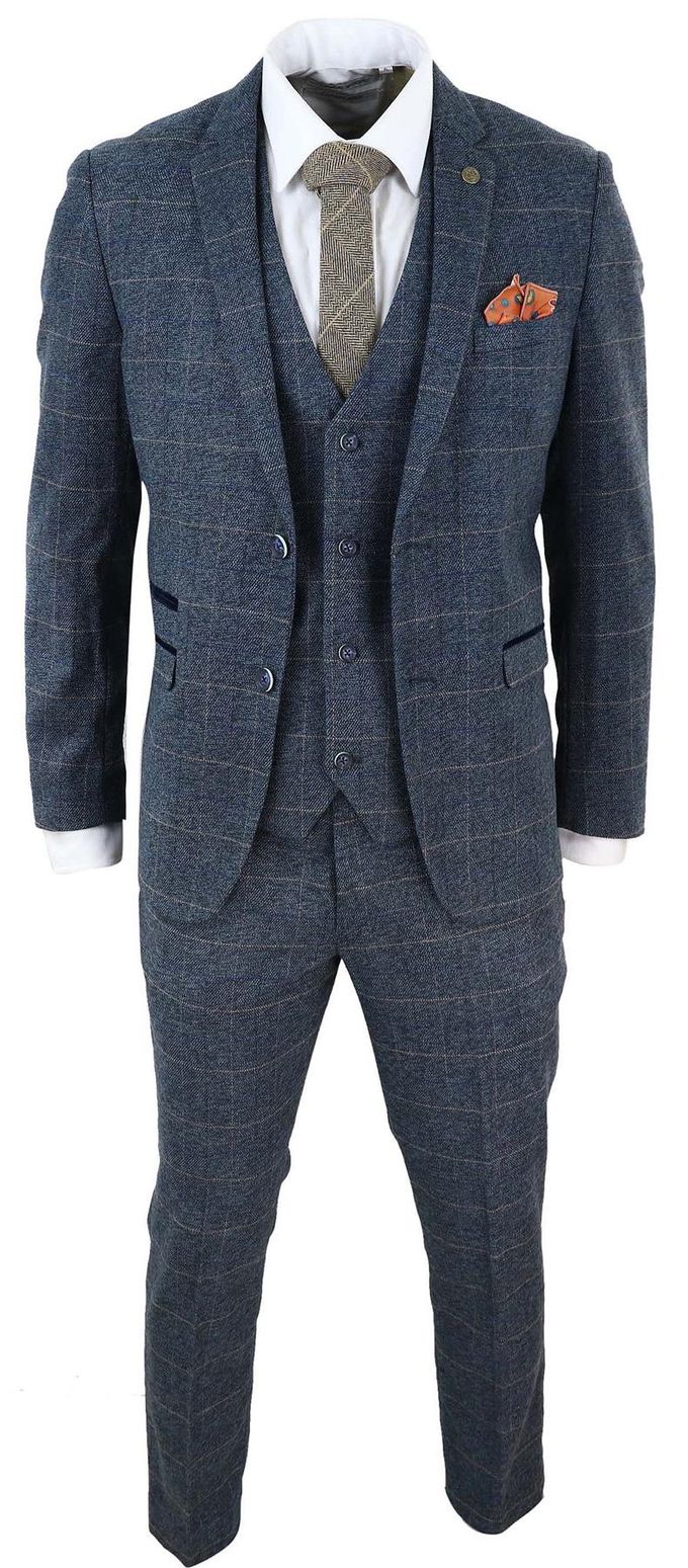 Heren 3-delig blauw tweed geruit vintage pak