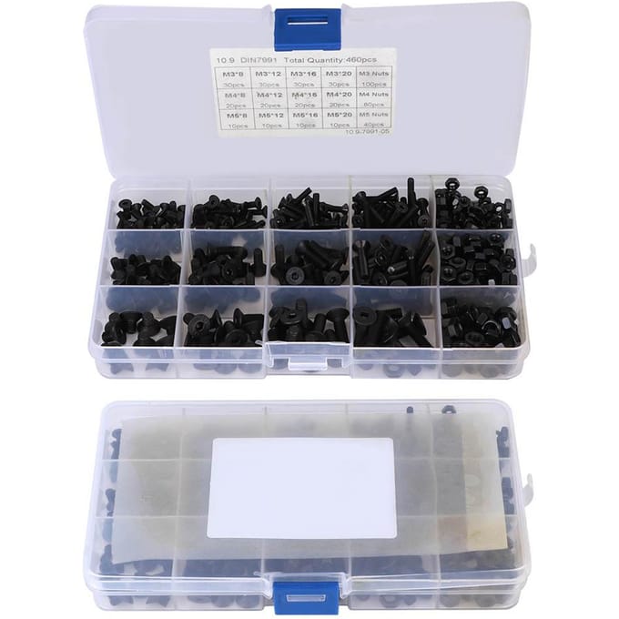 460 Stuks Zeskantbouten Set Zwart Platte Kop Moer Koolstofstaal Combinatie Doos M3 M4 M5