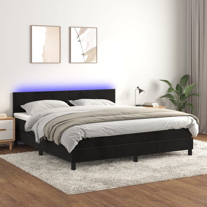 vidaXL - Boxspring - met - matras - en - LED - fluweel - zwart - 180x200 - cm