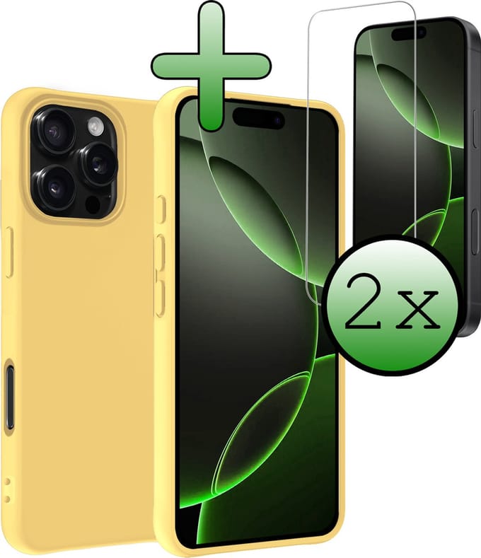 Hoesje Met 2x Screenprotector - Geschikt voor Apple iPhone 16 Pro Max - Sterk & Shockproof - Back Cover - Siliconen Case - Telefoon Hoes - Geel