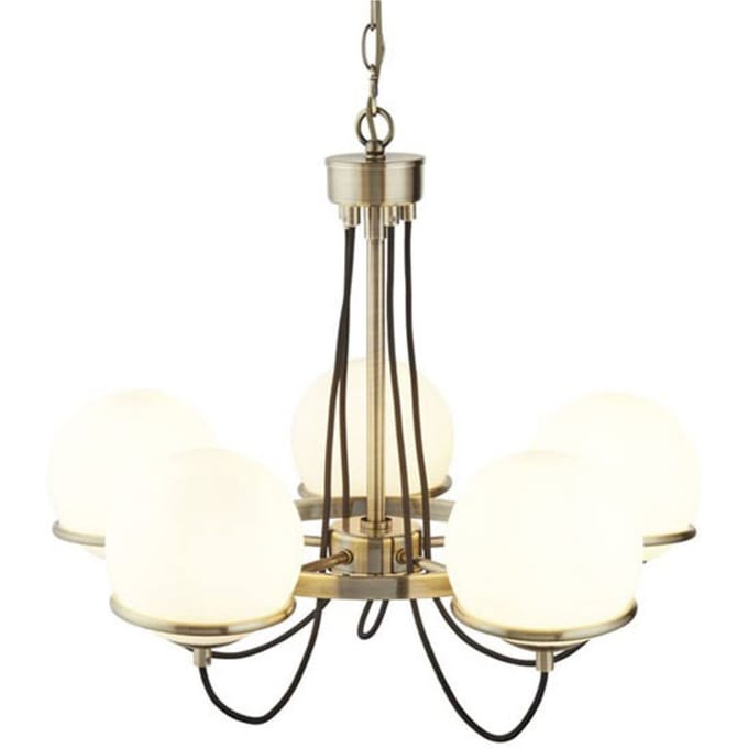Searchlight Kroonluchter Sphere messing met vijf glasbollen