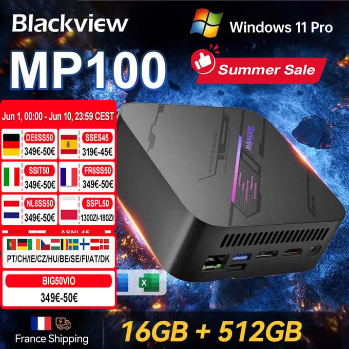 Blackview MP100 Mini PC 7430U 16GB DDR4 512GB SSD WiFi 6 Windows 11 Pro AMD 6-core 12-thread Mini Computer BT5.2 zwart