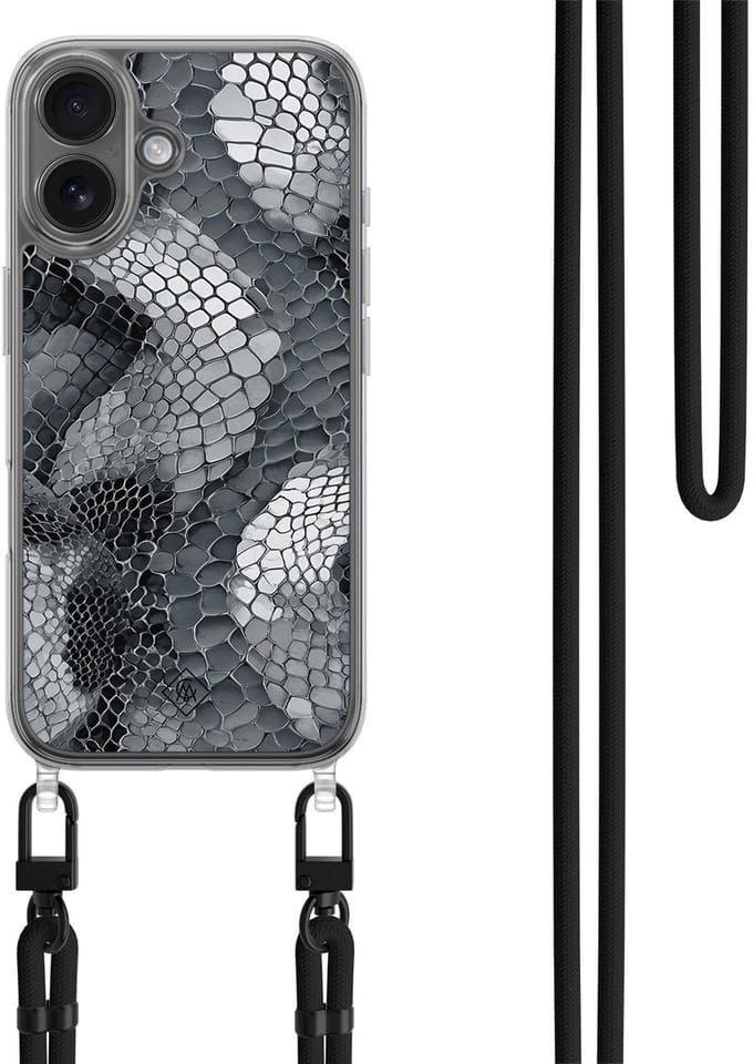 Casimoda® hoesje met zwart koord - Geschikt voor iPhone 17 - Python Grijs - Afneembaar koord - TPU/polycarbonaat - Grijs