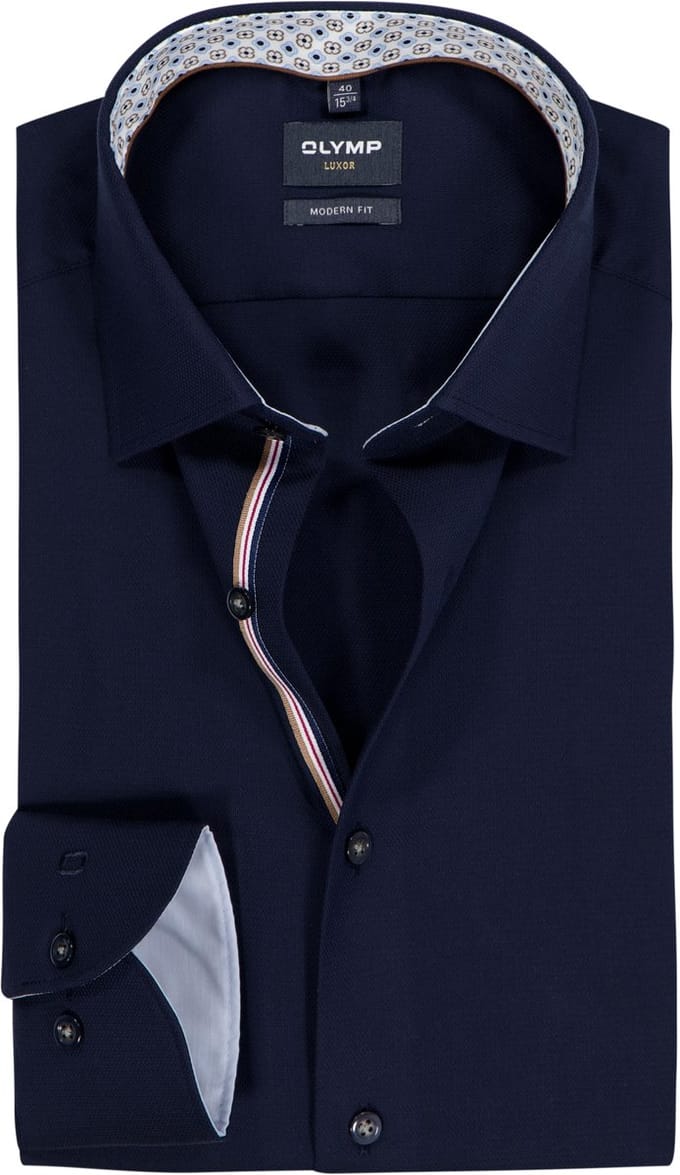 OLYMP Luxor modern fit overhemd - structuur - marine blauw - Strijkvrij - Boordmaat: 41