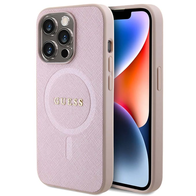 Guess Saffiano Back Case (MagSafe Compatible) - Geschikt voor Apple iPhone 15 Pro (6.1") - Roze