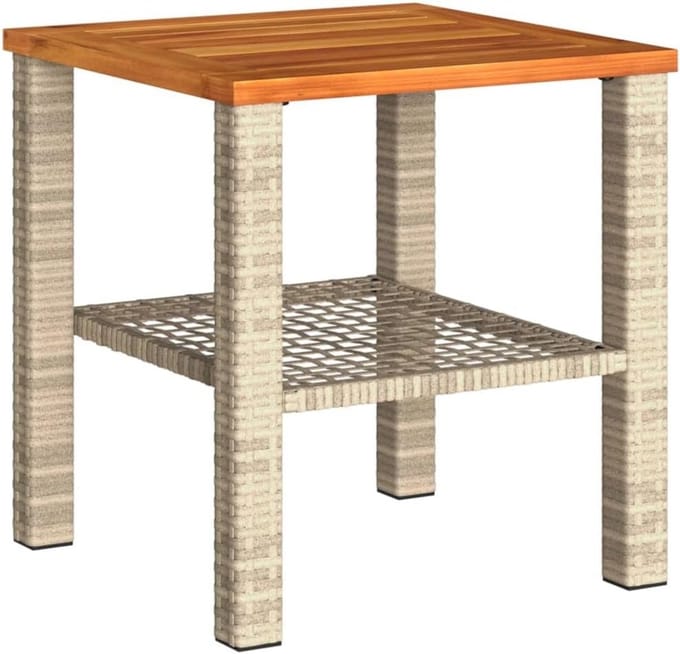 Tuintafel Bijzettafel Vierkant Polyrotan en Acaciahout Beige 40x40x42 cm Buiten