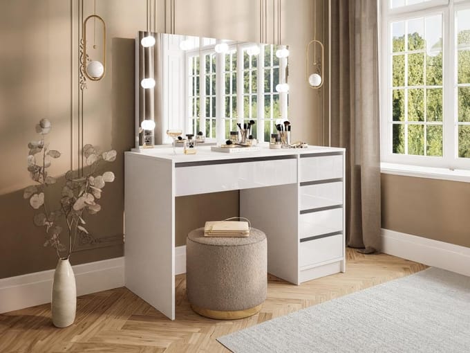 Vente-unique Kaptafel met ledspiegel - 5 lades - Glanzend wit - JENEMI