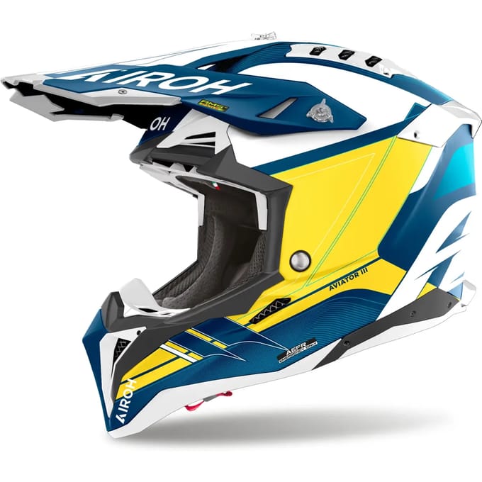 Airoh Aviator 3 Monarch Blauw Wit Geel Crosshelm - Maat - Helm