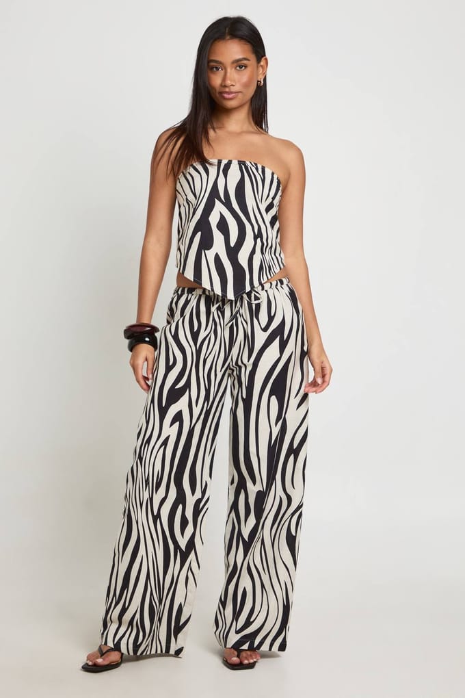 boohoo Dames Zebra Linnen Look Wijde Pijpen Broek | Zebraprint | Maat: 34