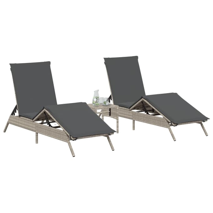 vidaXL - Ligbedden - 2 - st - met - tafel - poly - rattan - lichtgrijs