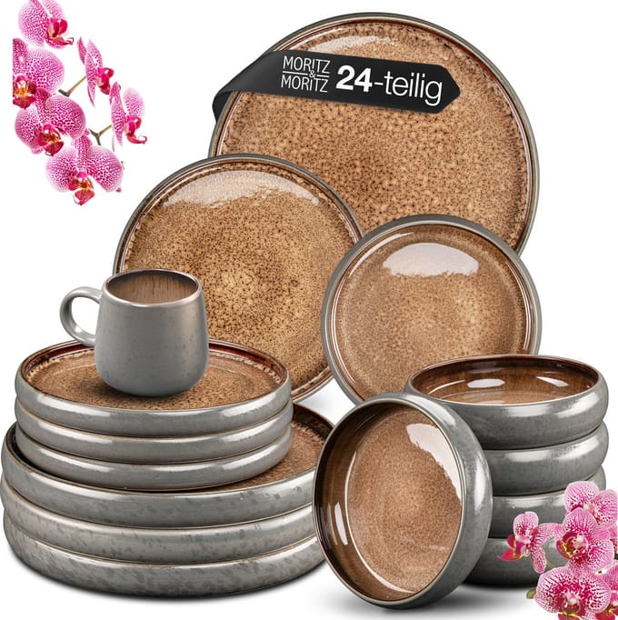 Moritz & Moritz SOLID Serviesset 6 Persoons - 24-delig Servies Set met Bord, Schaaltje en Kopje - Aardewerk - Beige