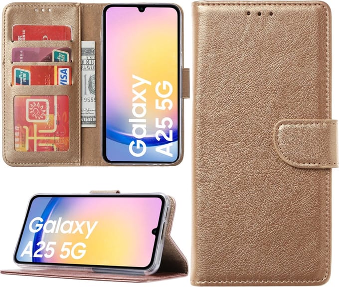 Hoesje geschikt voor Samsung Galaxy A25 bookcase met pasjeshouder - Goud