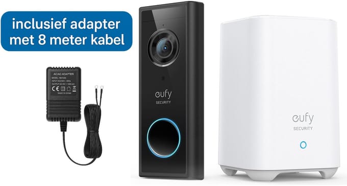 eufy Security S220 Video Deurbel Inclusief HomeBase 2 + deurbel adapter met 8 meter kabel - Bundelvoordeel