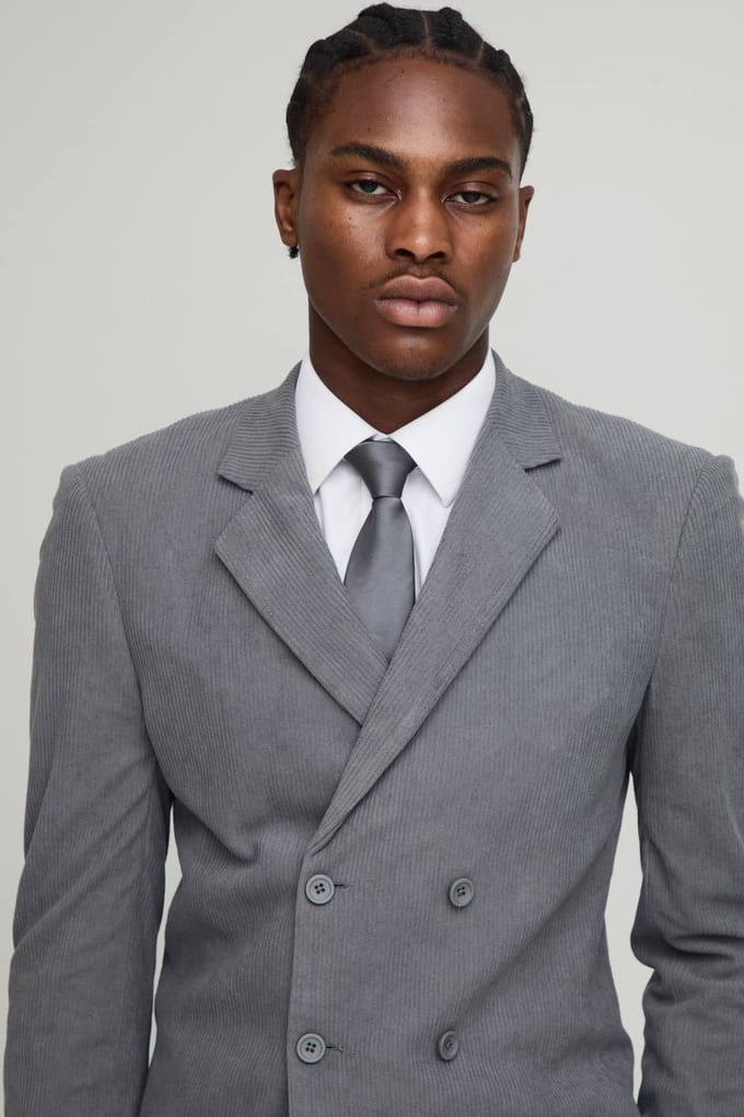 Skinny Fit Double Breasted Cord Blazer | Grey | Size 48