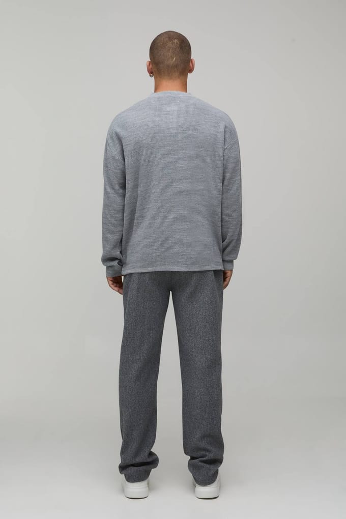 Essential Relaxed Fit Henley Waffle Knitted T-Shirt | Grey | Size Medium