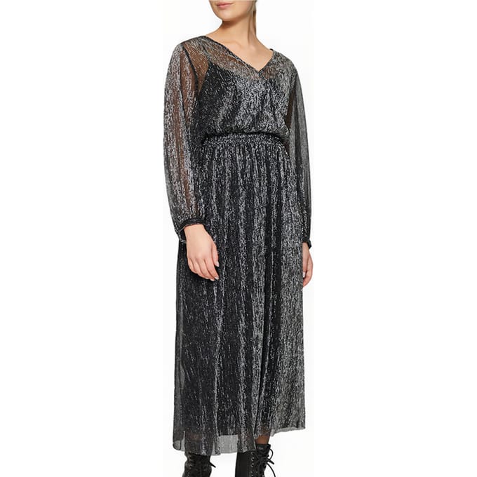 s.Oliver - female - Lange jurk van mesh met glitterdraad en een gesmokt detail