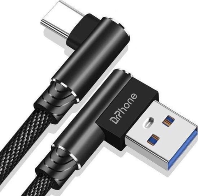 DrPhone D9 Type-C USB-C Dubbele 90° Haakse Nylon Gevlochten 3A kabel – 2 Meter -Datasynchronisatie & Snel opladen – Zwart