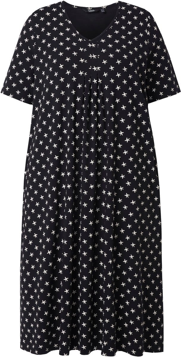 Ulla Popken - Dames - Midi-jurk sterren V-hals korte mouwen zakken - Zwart - Maat 42+