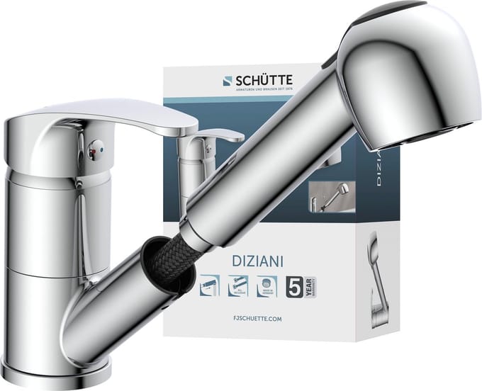 SCHÜTTE DIZIANI Keukenkraan - Mengkraan - Draaibare Uitloop - Uittrekbare Sproeier - 2 Standen - Chroom