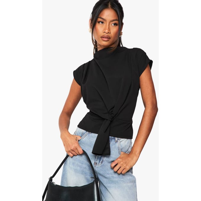 boohoo Dames Crepe Knoop Cowl Halsblouse | Zwart | Maat: 40