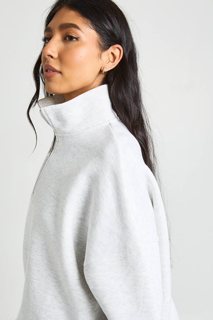 boohoo Dames Lange Oversized Halve Rits Sweatshirt | Grijze Mergel | Maat: 42