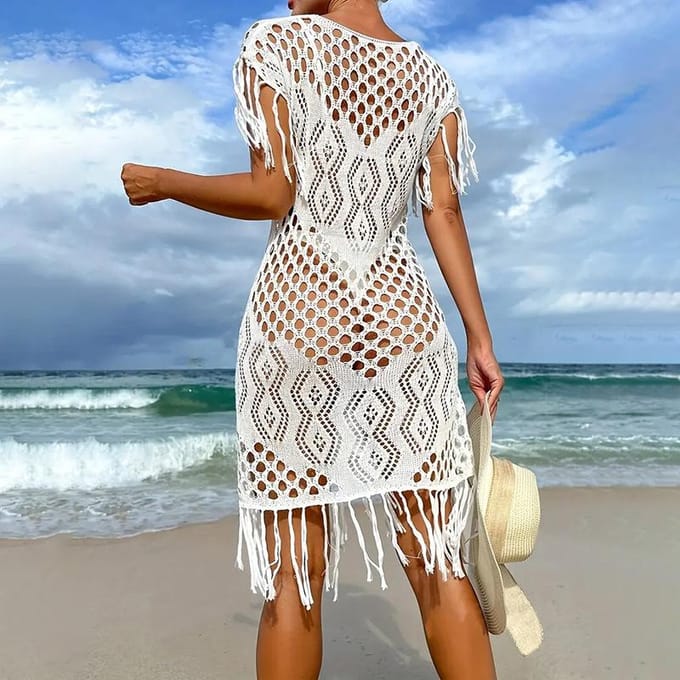 Strandshirt Bikini Badpak Effen Kleur Kwastje Strandjurk L wit