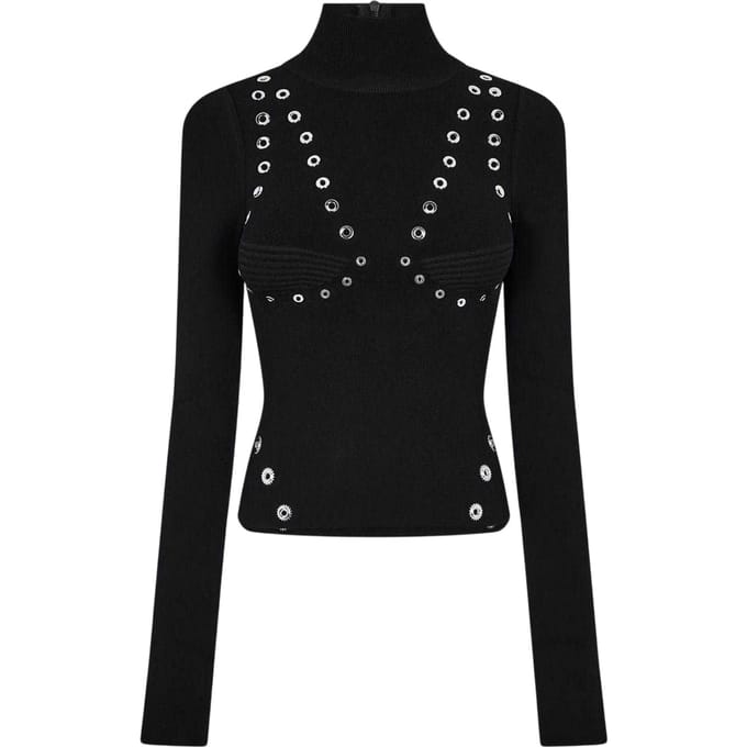 Off White Dames-top met oogjes en hoge kraag (Zwart)