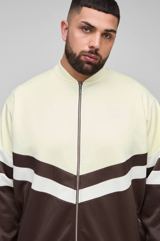 Plus Men's Tricot Colour Block Trekkraag Jas & Oversized Korte Set | Brown | Size 3XL