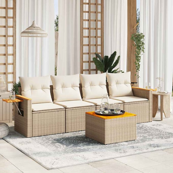 vidaXL - 5-delige - Loungeset - met - kussens - poly - rattan - beige