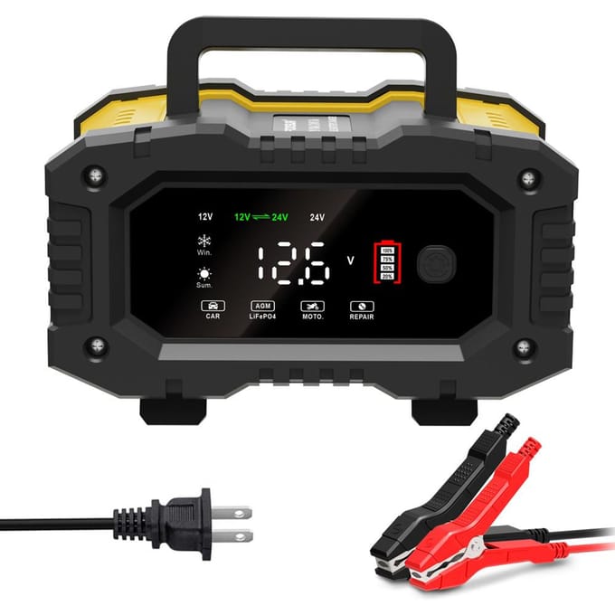 FOXSUR Volautomatische Acculaders 12V10A 24V5A Auto Accu Onderhouder Druppellader geel