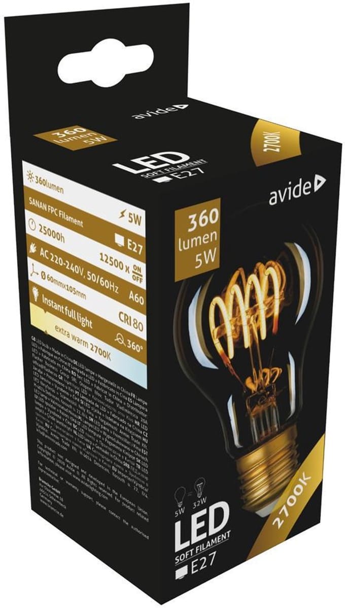 Avide E27 LED Filament Lamp 4.5W - 400lm - 2700K - Extra Warm Wit - LED Globe A60 - Vervangt 35W Gloeilamp