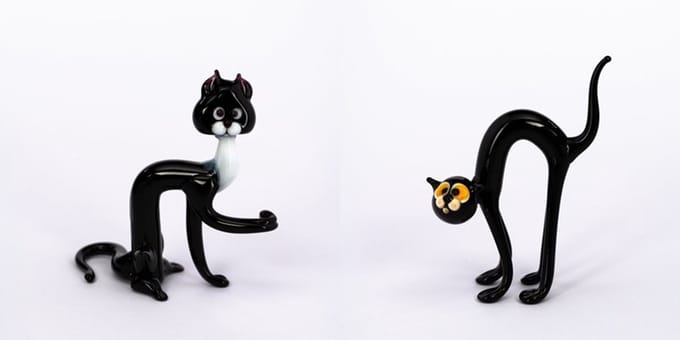 Set van 2 mondgeblazen glazen katten - handmade / handgemaakt / glas / kat / poes