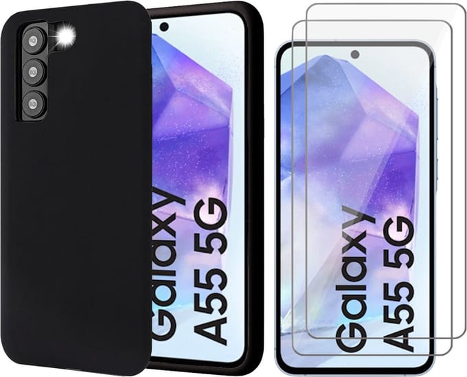 Hoesje geschikt voor Samsung Galaxy A55 - 2x Screenprotector Glas - Mat Back Case Zwart