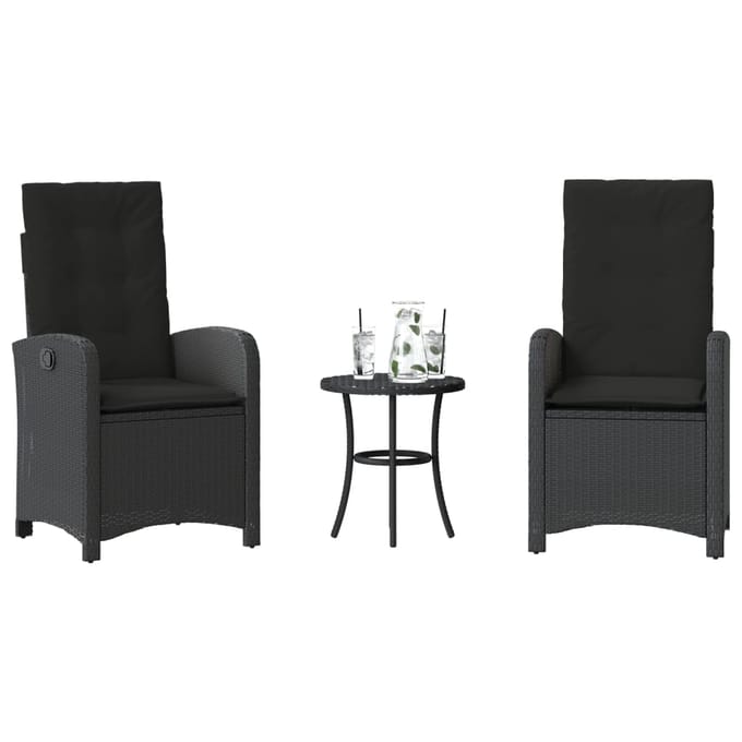 vidaXL - 3-delige - Bistroset - met - kussens - poly - rattan - zwart
