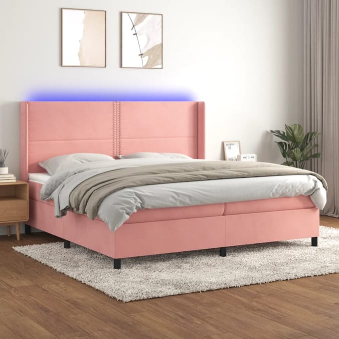 vidaXL - Boxspring - met - matras - en - LED - fluweel - roze - 200x200 - cm