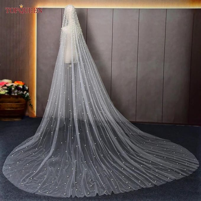 Parel Bruidssluier met Kam Kralen Bruidsaccessoires 3M Kathedraal Bruidssluier Luxe Elegant 300cm wit