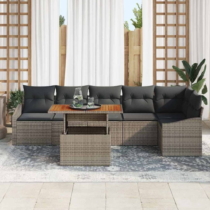 vidaXL Tuin Eettafel Set met kussen 7 pcs Grijs en Bruin