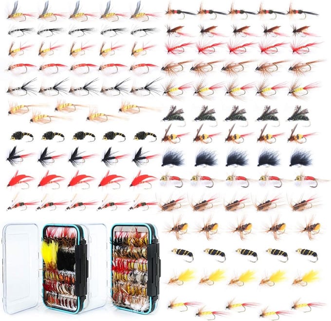 120 Stuks Vliegenvisset: Compleet Assortiment Droge & Natte Vliegen, Nimfen en Luchtslangen