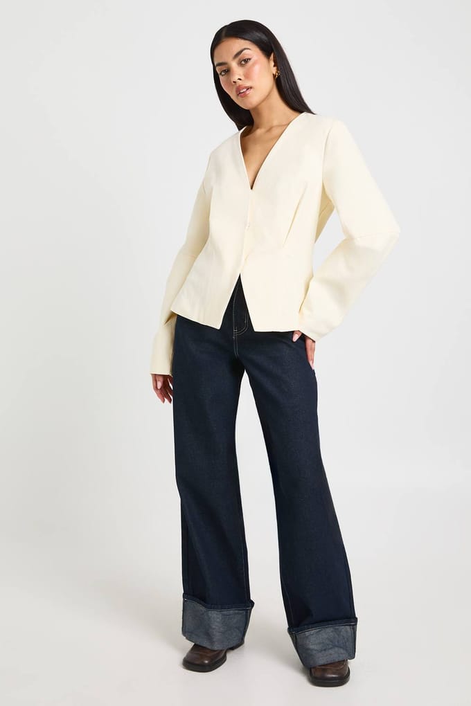 boohoo Dames Twill Blazer Met Ballonmouwen En Getailleerde Taille | Ecru | Maat: 12