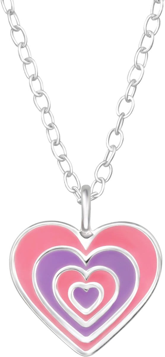 MAXTE Kinder Hart Ketting van 925 Sterling Zilver - Roze & Paarse Hanger met Emaille - 39 cm
