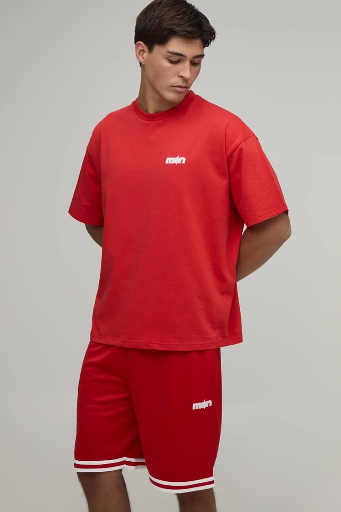 Heren Ster Applicatie Oversized T-shirt & Basketbalshort Set | Red | Size Medium