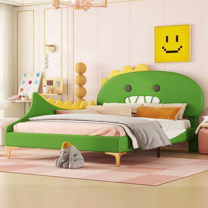 REDOM Kinderbed 140x200 cm van PU/MDF – Met cartoon dinosaurushoofdeinde en lattenbodem – Groen