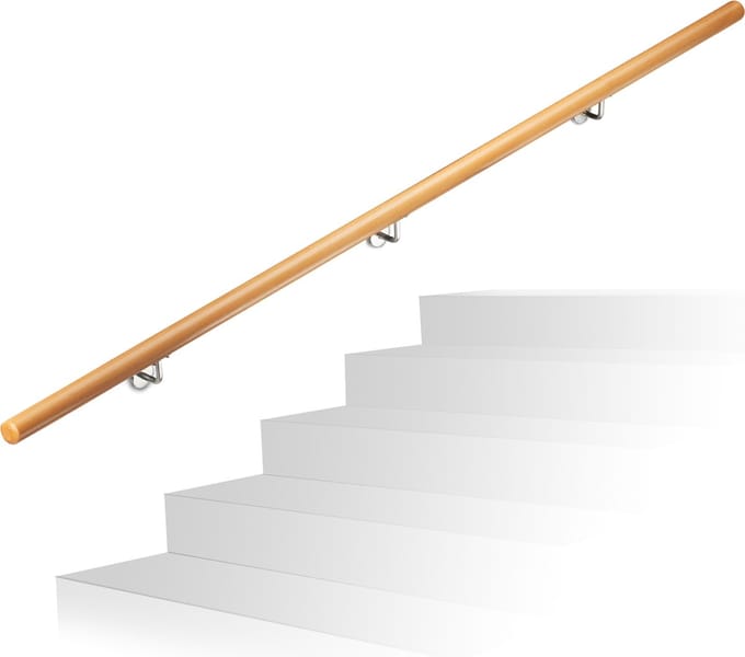 trapleuning - 200 cm - beukenhout - wandmontage - wandhouder & pluggen - 42 mm diameter - natuur