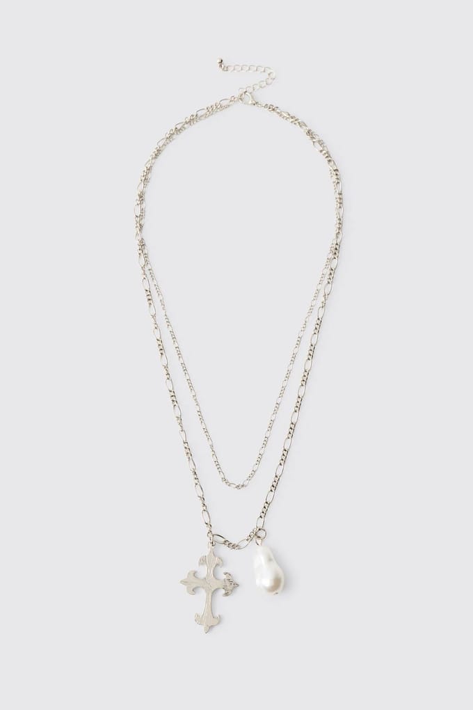 Cross and Faux Pearl Layered Necklace in Silver