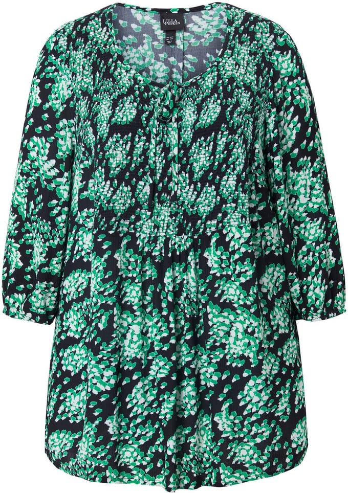 Ulla Popken - Dames - Gerimpelde blouse all-over print A-lijn ronde hals - Asfaltgrijs - Maat 46+