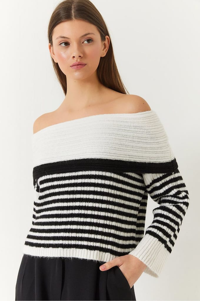 Gestreepte Strapless Brei Sweater