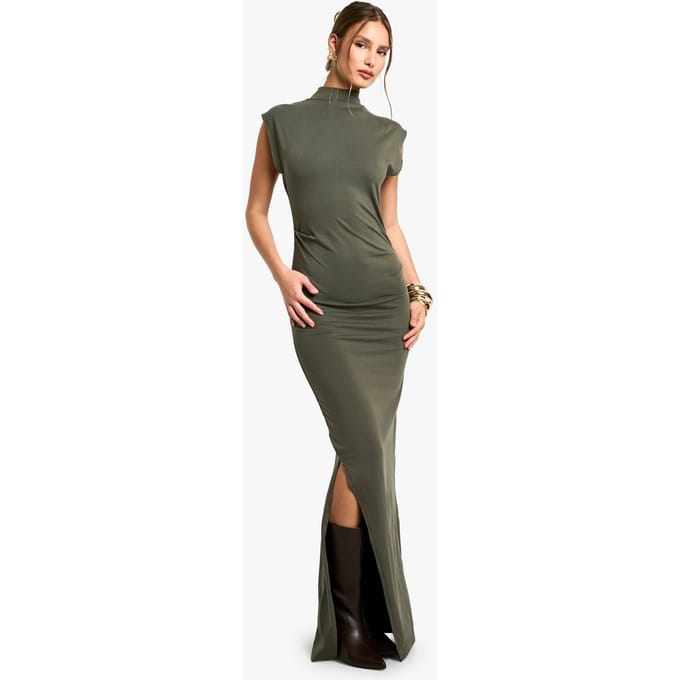 boohoo Dames Gerufte hoge hals midaxi jurk | Dark Olive | Maat: 18